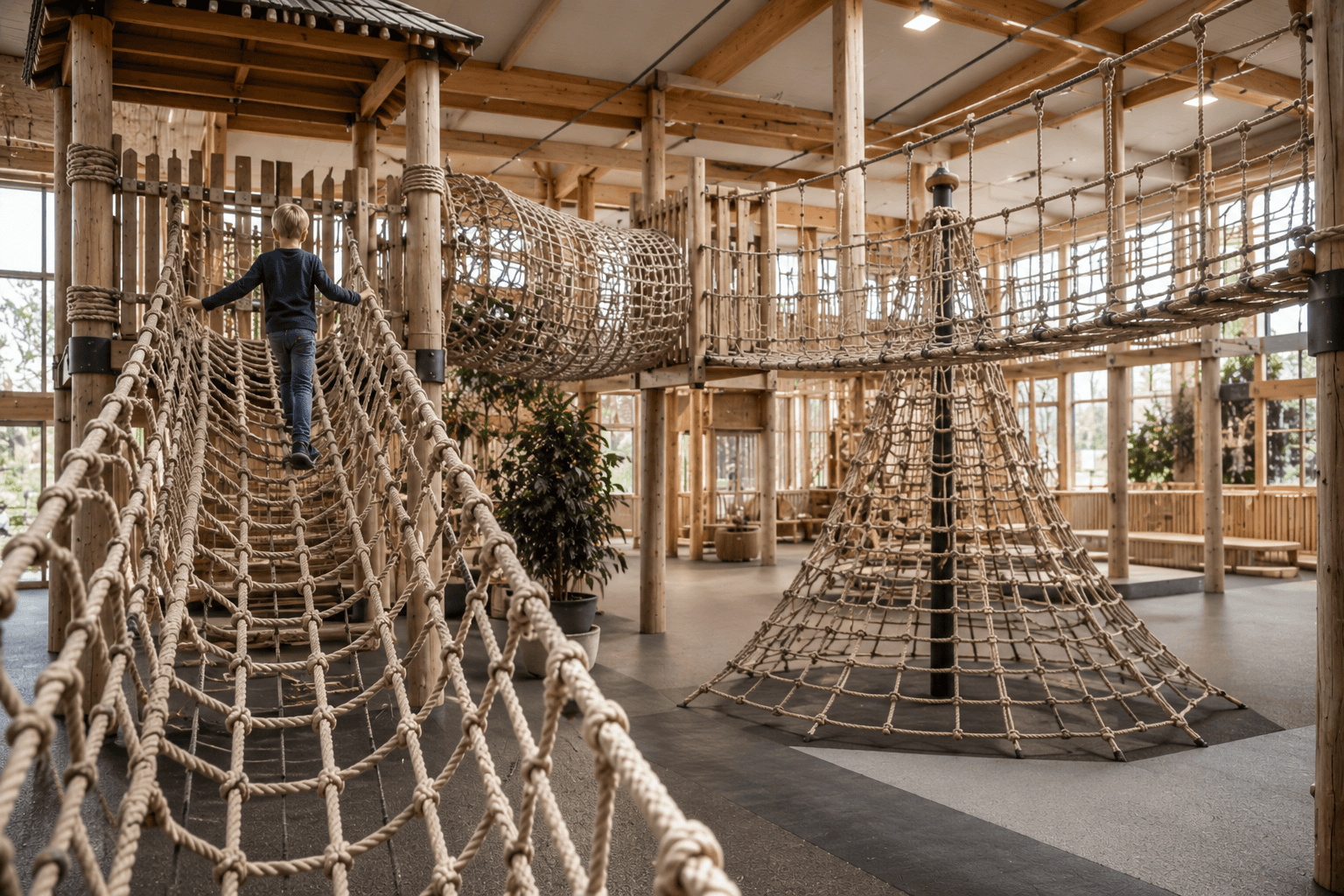 Kinderen spelen op een indoor touwavontuur klimnet