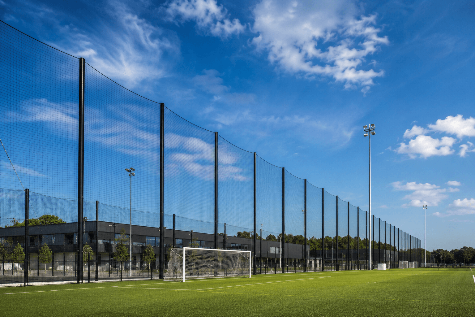 Modern sportcomplex met ballenvangnetten onder blauwe hemel
